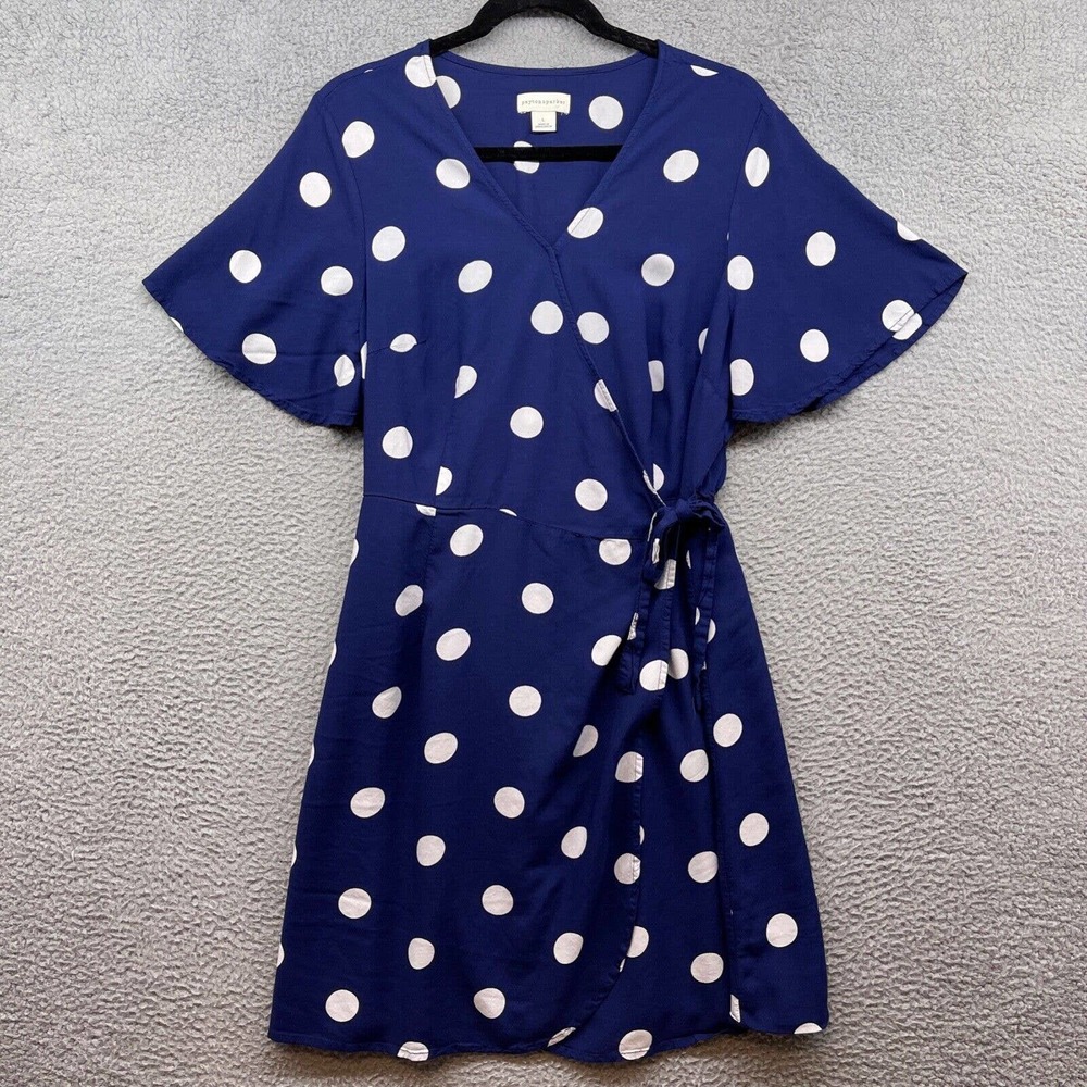 Peyton Parker Womens Wrap Dress Blue Polka Dot Short Flare Sleeve V-Neck Size L